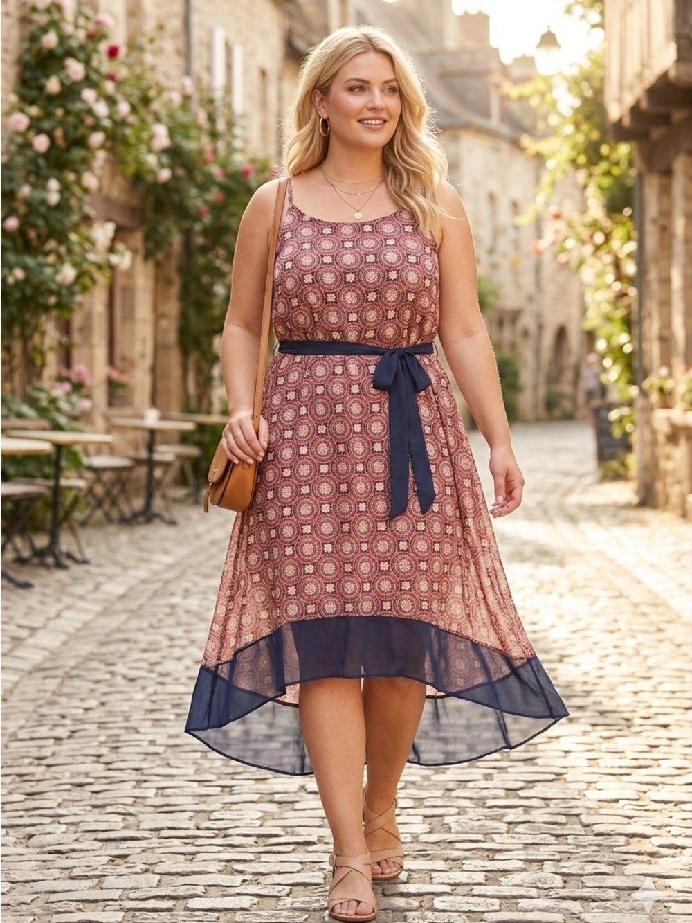 Lane Bryant Pink Geometric High-Low Dress with Navy Trim